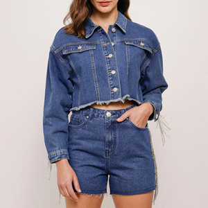 Ensemble deux pièces pour femmes, nouvelle collection printemps, couleur unie, style streetwear, couleur personnalisable, respirant, en spandex/polyester, veste à manches longues, jean denim - Product Image 1