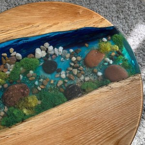 Ocean Stream Wooden Moss <b>Epoxy</b> <b>Table</b> Handmade Round River Design <b>Coffee</b> <b>Table</b> Natural Pebble Art Luxury Home Decor - Product Image 2