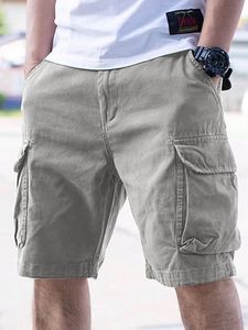Shorts cargo pour homme, couleur unie, taille mi-haute, cordon élastique, tissu en toile respirant, style décontracté avec poches - Product Image 1