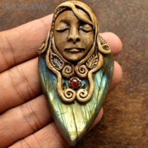 Labradorite Yellow Fire Bezel Setting <b>Polymer</b> Clay Gemstone Pendant Necklace 2-2.5" Size 15-20g Weight Unisex Jewelry - Product Image 1