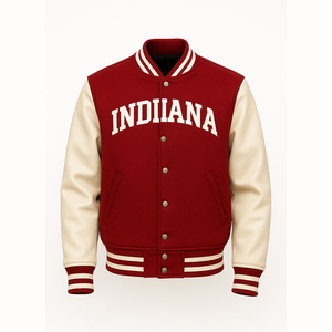 Veste universitaire Indiana pour homme, rouge, avec manches en cuir, broderie, style bomber, style preppy, vêtement d'hiver - Product Image 2