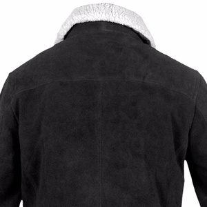Blouson bomber en daim noir pour homme avec col en fausse fourrure, fermeture éclair, style moto, épais, coupe-vent, vêtement d'extérieur pour l'hiver - Product Image 5