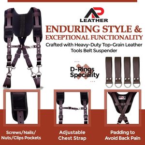 OEM Brown Heavy Duty Leather Adjustable Strap Tool Belt Suspenders Padded Back Support 4 Swivel <b>Snap</b> <b>Hooks</b> 200 lb Capacity for - Product Image 2