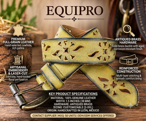 เข็มขัดหนังแท้สไตล์โบฮีเมียนย้อนยุค ยี่ห้อ Equipro ลายก้างปลาแบบโปร่ง ระบายอากาศได้ดี หัวเข็มขัดทรงสี่เหลี่ยม ทำจากหนังวัว - Product Image 4