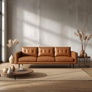 Sofá Moderno de 3 Plazas Estilo Mid-Century, Fabricado con Cuero Vacuno Genuino, Acabado en Cuero Marrón, para Muebles de Sala de Estar Moderna - Product Image 2