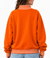 Sweat-shirt universitaire à col montant pour femme, avec logo personnalisé, broderie appliquée, motif gingham, coupe oversize, en molleton de coton doux