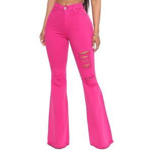 High Waisted Pink Flare Pants Ripped Distressed Wide Leg Casual Men's <b>Jeans</b> Summer Style <b>Button</b> <b>Fly</b> Spandex Polyester - Product Image 6