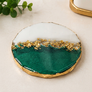 Handmade Emerald Green White Epoxy Resin <b>Coaster</b> Set with <b>Gold</b> Leaf Luxury Round <b>Coasters</b> 10cm Diameter 5mm Thick REHMAN CRAFT - Product Image 4