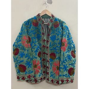Green <b>Velvet</b> Jacket <b>Women</b> Stand Collar Floral Embroidery Prairie Chic Autumn <b>Coat</b> open closure and regular size jacket - Product Image 6