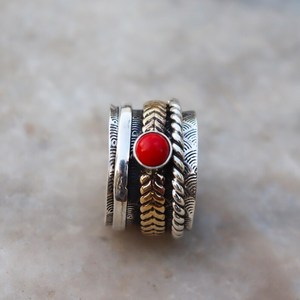 Anillo Giratorio de Coral Rojo al por Mayor, Plata de Ley 925, Hecho a Mano, Anillo Giratorio Antiestrés, Anillo Vintage con Múltiples Bandas de Piedras Preciosas - Product Image 3