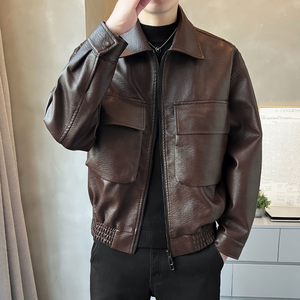 PU Leather <b>Jacket</b> <b>Men</b> Zip Up Bomber Coat Turn-Down Collar <b>Utility</b> Pockets Casual Outerwear - Product Image 1