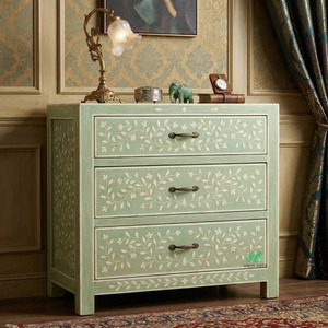 Mother <b>of</b> Pearl Green 2 <b>Chest</b> <b>of</b> <b>Drawers</b> Handmade Green Wooden Nightstand With Floral Inlay <b>3</b> <b>Drawers</b> Traditional Bedroom - Product Image 1