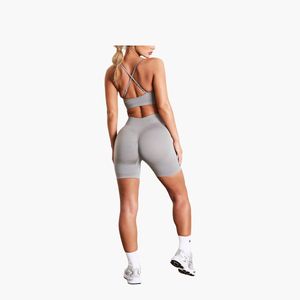Soutien-gorge de sport côtelé sans couture pour femme, col rond, bretelles spaghetti, maintien moyen, pour yoga et activités sportives, gris - Product Image 5