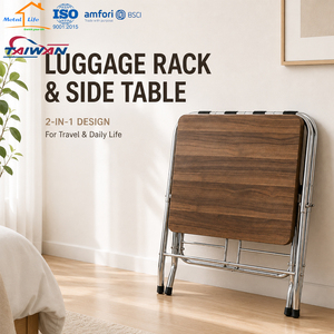 Soporte Plegable de 2 Niveles para Maletas con Placa Superior de Madera, Base Metálica con Estante Inferior para Dormitorio de Hotel, Hecho en Taiwán - Product Image 1