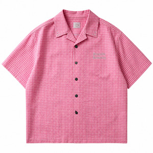 Camisa Cuadrada de Hombre con Pedrería y Cuadros Vichy Estilo Y2K, Personalizada OEM |   Camisa de Manga Corta con Cuello Camisero en Rosa Fuerte y Blanco |   Ropa Urbana al por Mayor - Product Image 4