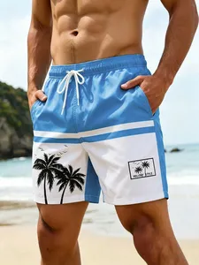 Pantalones Cortos de Playa para Hombre, Casuales, con Estampado de Palmeras Tropicales, con Cordón Ajustable, para Vacaciones, Rayas Azules y Blancas, Verano - Product Image 3