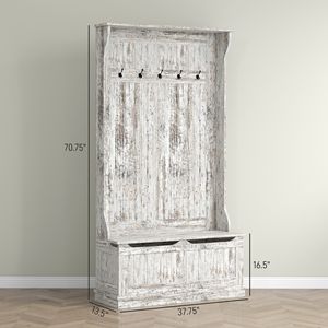 Distressed White 3-in-1 Entryway Bench with Coat Rack Hall Tree 5-<b>Hook</b> <b>Shoe</b> Storage Stand for Hallway - Product Image 3