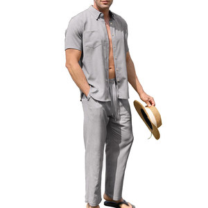 Premium Men's Two Piece Co Ord Set Short Sleeve Camp Collar Shirt Regular Fit Full Length Trousers Elastic Waist 100% Cotton - Product Image 6
