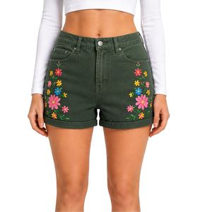 Shorts de Mezclilla de Cintura Alta para Mujer, Color Verde Bosque, con Bordado Floral Colorido, Shorts Casuales de Verano, Elásticos, Personalizados OEM ODM - Product Image 1