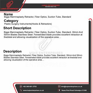 Biggs Mammaplasty Retractor Fiber <b>Optics</b> Suction Tube Standard Stainless Steel Breast Surgery <b>Instrument</b> - Product Image 4