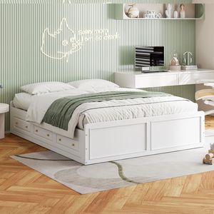Lit plateforme blanc Queen Size avec 6 tiroirs, cadre en bois et revêtement en tissu - Product Image 2