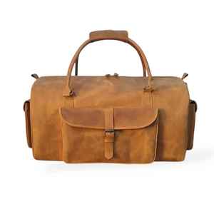 Blue <b>Leather</b> Weekender Duffel <b>Bag</b> With Tan Handles Zipper Closure Large Capacity Travel <b>Bag</b> Unisex Style - Product Image 4