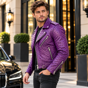 Premium Men’s Purple Ostrich Leather <b>Biker</b> <b>Jacket</b> Embossed Motorcycle Riding <b>Jacket</b> Asymmetrical Zipper Belted Moto <b>Jacket</b> - Product Image 6