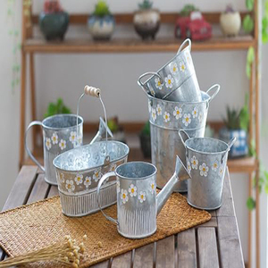 Pot de fleurs en métal, seaux à plantes vintage, pot de plantes en métal, vase en métal galvanisé, vase à fleurs en métal, jardinières peintes à la main - Product Image 3