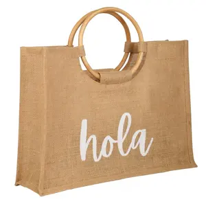 LOW MOQ Plain Hessian Shopper Custom Printed round Wood handle Eco Friendly Burlap Jute Shopping Tote Beach Bag With Logos