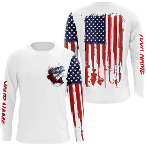 Camisa de Pesca Unisex de Manga Larga, Spandex/Poliéster, Estampado de Atún con Bandera Americana, UPF 50, Impermeable, Blanca, Nombre Personalizado - Product Image 6