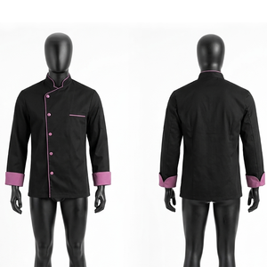 Uniforme de Chef Premium de Polialgodón de 240 GSM, Chaqueta Negra Cruzada con Ribete Rosa, Bordado Personalizado - Product Image 5