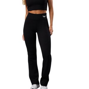 Women's Black Rib <b>Flared</b> <b>Legging</b> High Waisted Stretch Yoga Pants Sculpting Fitness Trousers Gymwear Activewear Apparel - Product Image 1