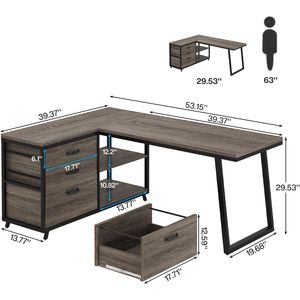 โต๊ะคอมพิวเตอร์อุตสาหกรรมรูปตัว L ขนาด 53 นิ้ว แบบพลิกกลับได้ สำหรับโฮมออฟฟิศ 3 ลิ้นชัก พร้อมชั้นวางสำหรับการเรียนและการเขียน - Product Image 2