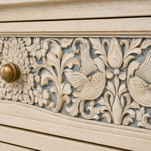 Meilleure Qualité Écologique Durable Gain de Place Commode à Tiroirs en Bois de Mangue Massif Sculpté à la Main Blanc Antique avec Motif Floral Éléphant - Product Image 3