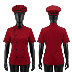 เสื้อเชฟผู้หญิง 220 GSM ผ้าโพลีคอตตอนระบายอากาศ สีดำแดง เสื้อคลุมเชฟ ปักโลโก้ตามสั่ง พิมพ์ลาย ชุดยูนิฟอร์ม - Product Image 4