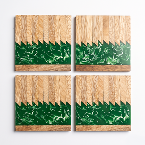 Sous-verres carrés en bois et résine faits à la main, effet marbre vert, pour la maison, le bar, le restaurant - Product Image 1