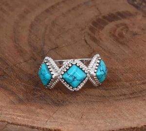925 Sterling Silver Blue Turquoise Christian Bezel Setting Handmade Triple Cushion Bohemian Gemstone <b>Statement</b> <b>Ring</b> for December - Product Image 5