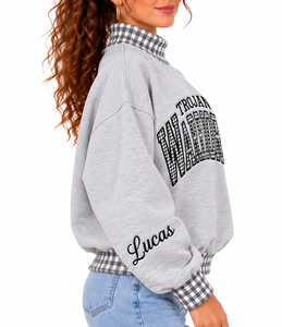 Women’s Custom Gingham <b>Mock</b> Neck Sweatshirt 100% Cotton Fleece Boxy Fit Oversized Pullover OEM Private Label Streetwear - Product Image 2