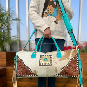 Bolsas de viaje grandes con flecos turquesa unisex occidental cuero de vaca Estilo Vintage hecho a mano real - Product Image 3
