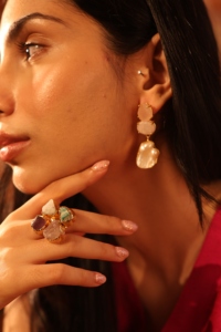 Natural <b>Rose</b> <b>Quartz</b> & Baroque Freshwater Pearl Statement handmade Drop <b>Earrings</b> in Gold Plated Brass - Product Image 3