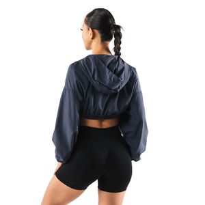 Women's Navy Blue Cropped Windbreaker <b>Jacket</b> Lightweight Full Zip Gym <b>Workout</b> Running Activewear Long Sleeve Sports <b>Jacket</b> - Product Image 6