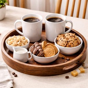 Traditional Modern Wooden Tray with Unique Design Durable & Non-Toxic Food Grade Round Shape for Breakfast Serving Home <b>Decor</b> - Product Image 2