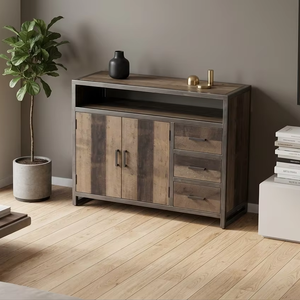 Araimo Industrial Teak Solid Wood Dresser Cabinet 3 Drawers Open <b>Shelf</b> Scandinavian Design <b>Rustic</b> Finish for Bedroom Storage - Product Image 1