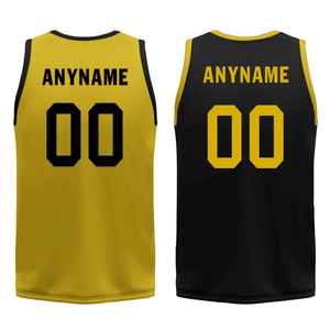 Ensemble d'uniformes de basketball personnalisés sublimés, impression de personnage, nom de l'équipe, maillot jaune et noir en mesh, short sans manches, respirant - Product Image 4