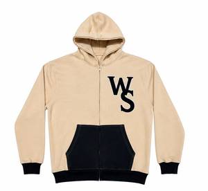 เสื้อสเวตเชิ้ตมีฮู้ดสีเบจสำหรับผู้ชาย โลโก้ WS สีดำ ดีไซน์กระเป๋าหน้า ใส่สบายๆ ในฤดูใบไม้ร่วง ทรงหลวม ผ้าเดนิม แห้งเร็ว ระบายอากาศได้ดี - Product Image 1