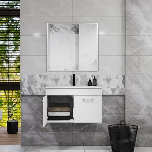Mobile Bagno Sospeso da 32 Pollici con Lavabo e Specchio, Doppia Anta, Telaio in Alluminio Argento - Serie C-Bathroom - Product Image 4