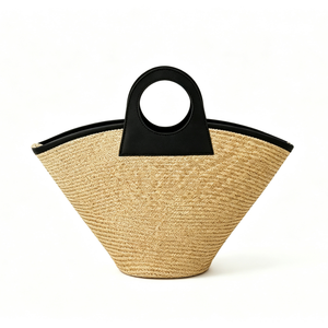 Customized Cream white ring handle straw tote <b>bag</b>,black faux‑leather contrast trim woven handbag,fan‑shaped straw <b>basket</b> shopper - Product Image 5