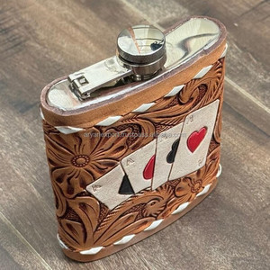 Petaca moderna de acero inoxidable de 8oz de cuero labrado a mano al por mayor Petaca de cuero de vaca de alta calidad caja de regalo de moda - Product Image 5