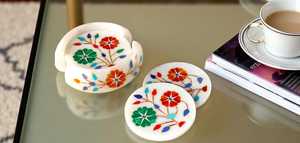 Posavasos de Mármol Blanco Hechos a Mano con Incrustaciones de Piedras Semipreciosas, Artesanía Tradicional, Decoración de Mesa - Product Image 2
