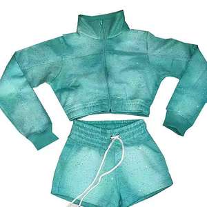 Hot Sale French Terry Sun Fade Washed Trending Zipper Shorts & Crop Jacket All Over Custom Rhinestones 100% Cotton Women's <b>Sets</b> - Product Image 1